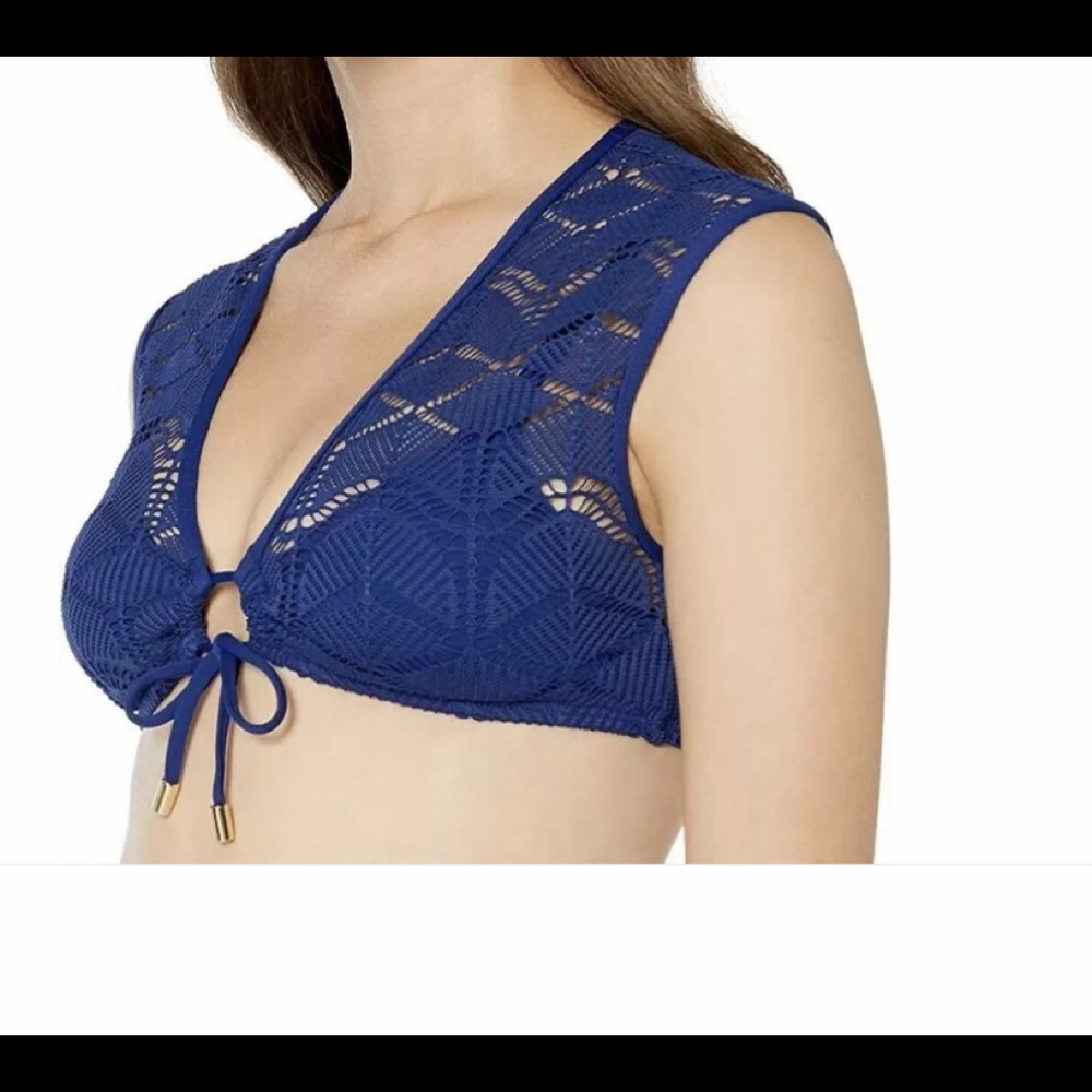 ✴️La Blanca Navy Crochet Tie Front Bikini Top Sz4NWT